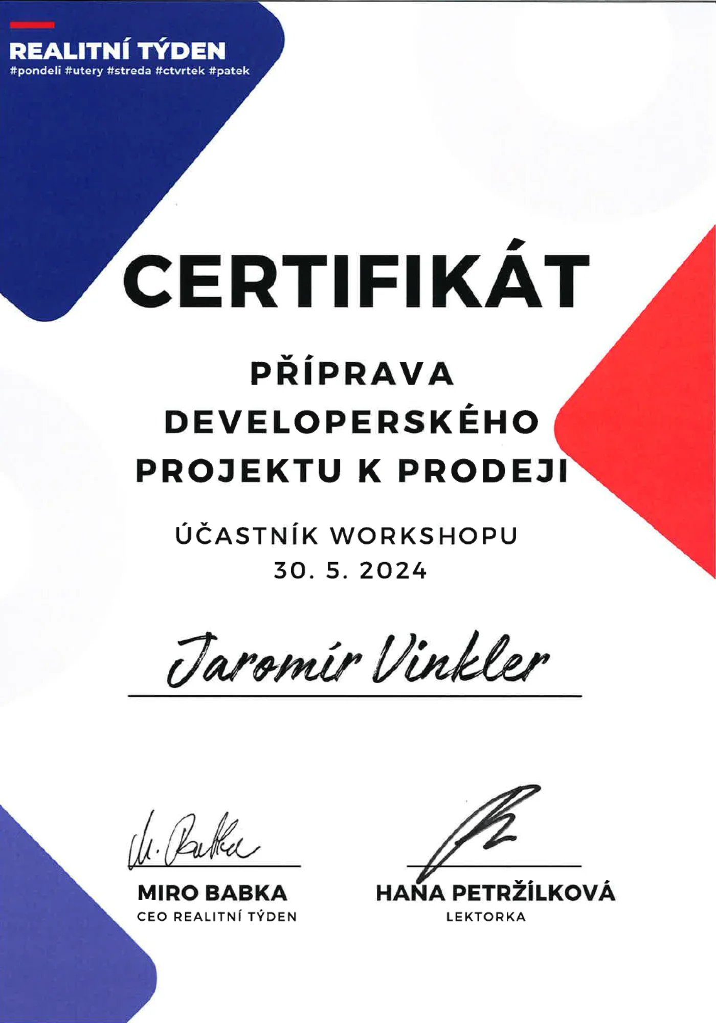 Příprava developerského projektu, certifikát Jaromír Vinkler