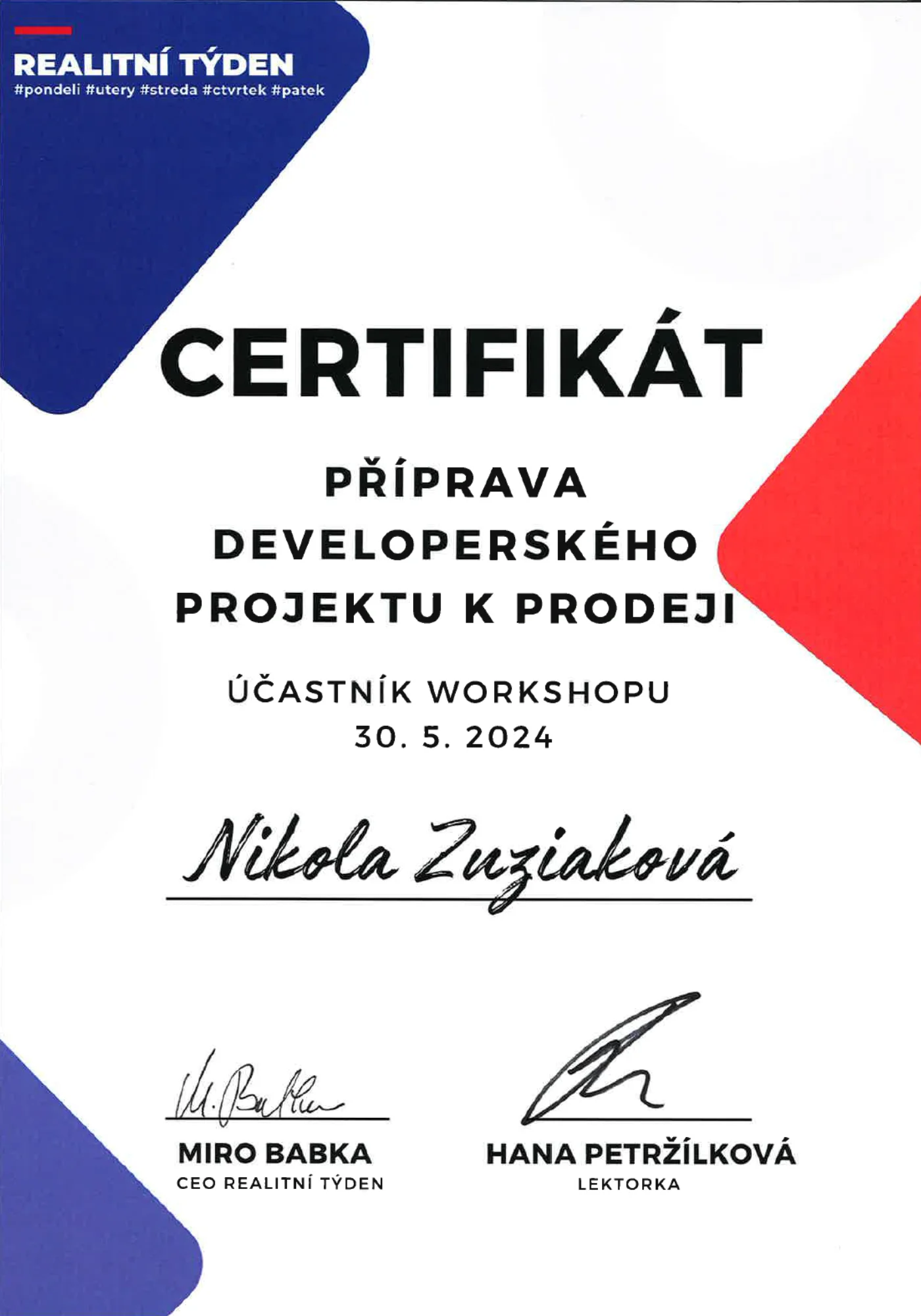 Příprava developerského projektu, certifikát Nikola Zuziaková